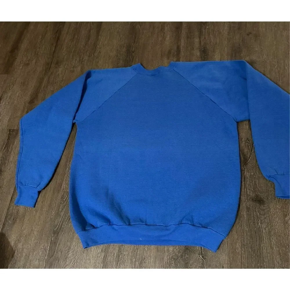 Vintage Hanes USA made Puff Paint Blue Rejoice Christmas Crewneck Sweater Sz XL